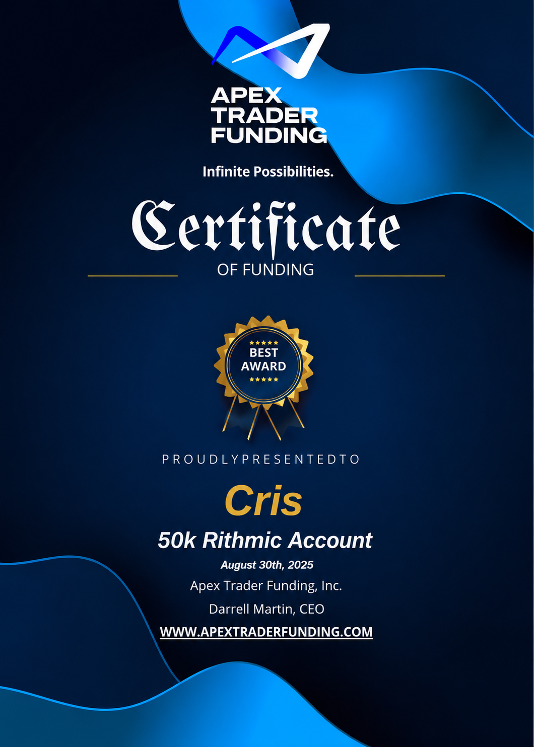 Apex Trader Funding — Certificate of Funding