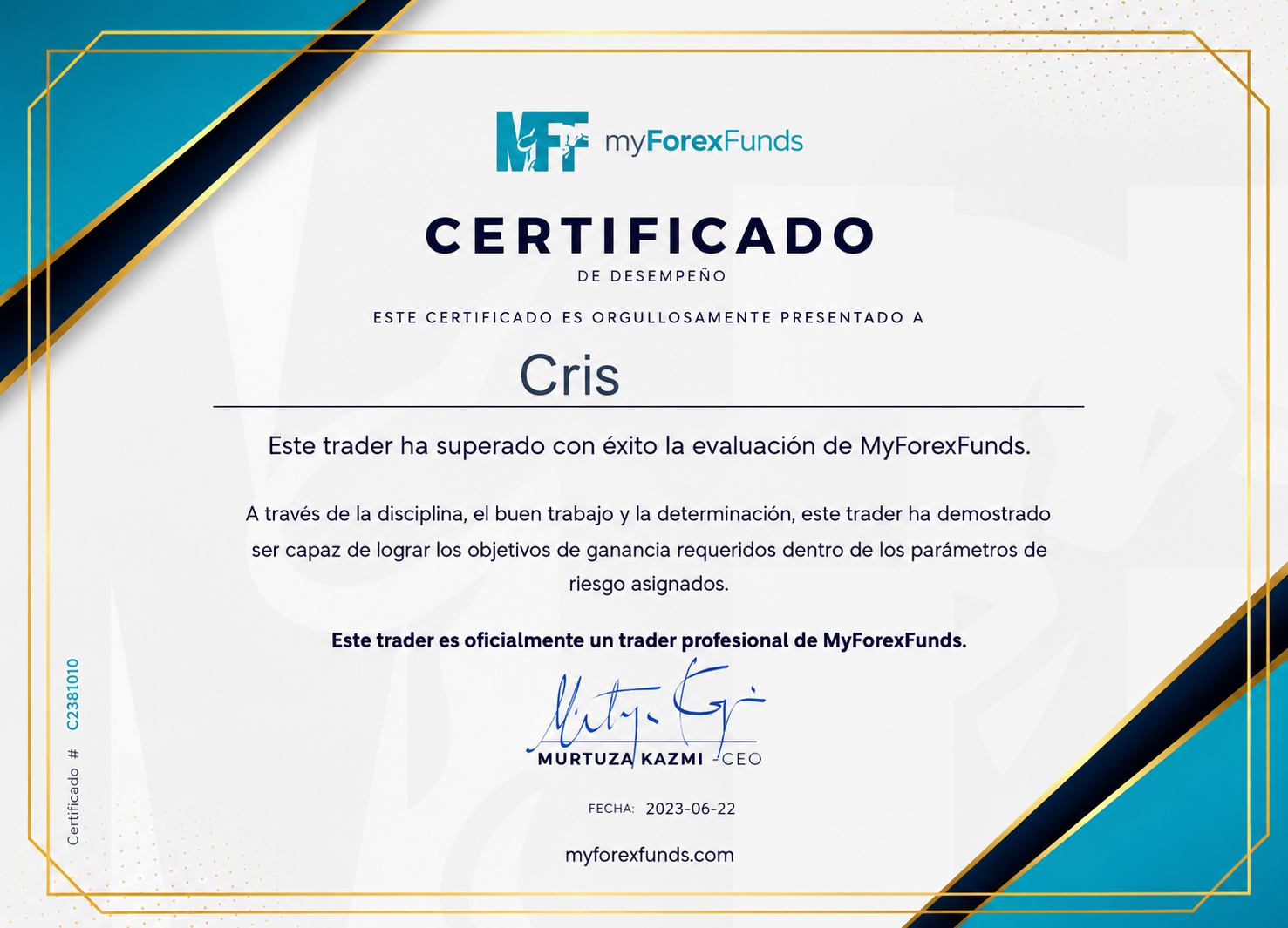 MyForexFunds — Certificado